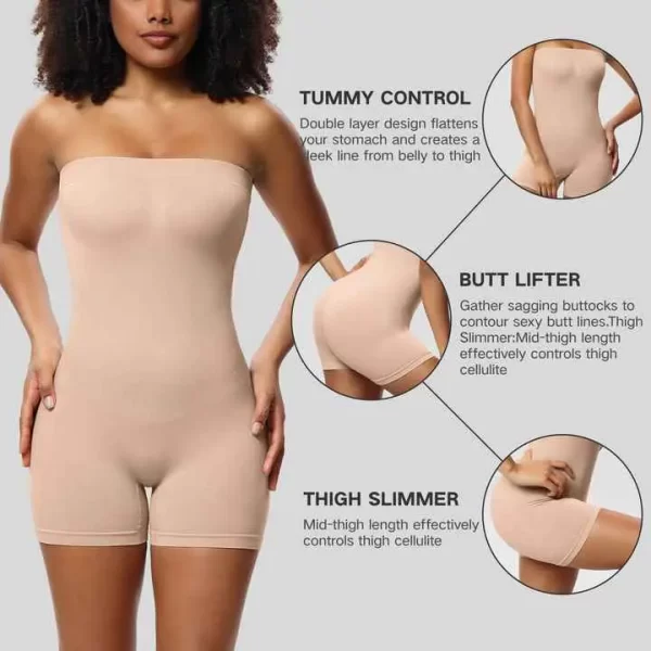 Strapless Shortie Bodysuit for Women Tummy Control Shapewear Seamless Sculpt Body Shaper with Removable Strap